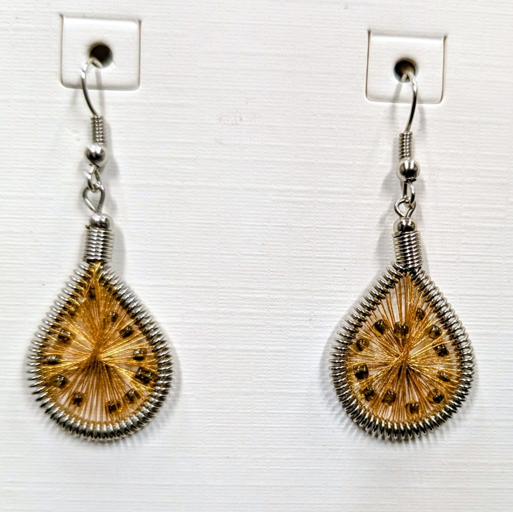 Teardrop-shaped string art dangle earrings with gold tone thread & amber beads